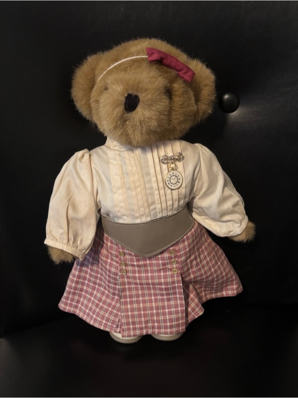 Classic Plush Teddy Bear in Cream Top & Pink Plaid Skirt